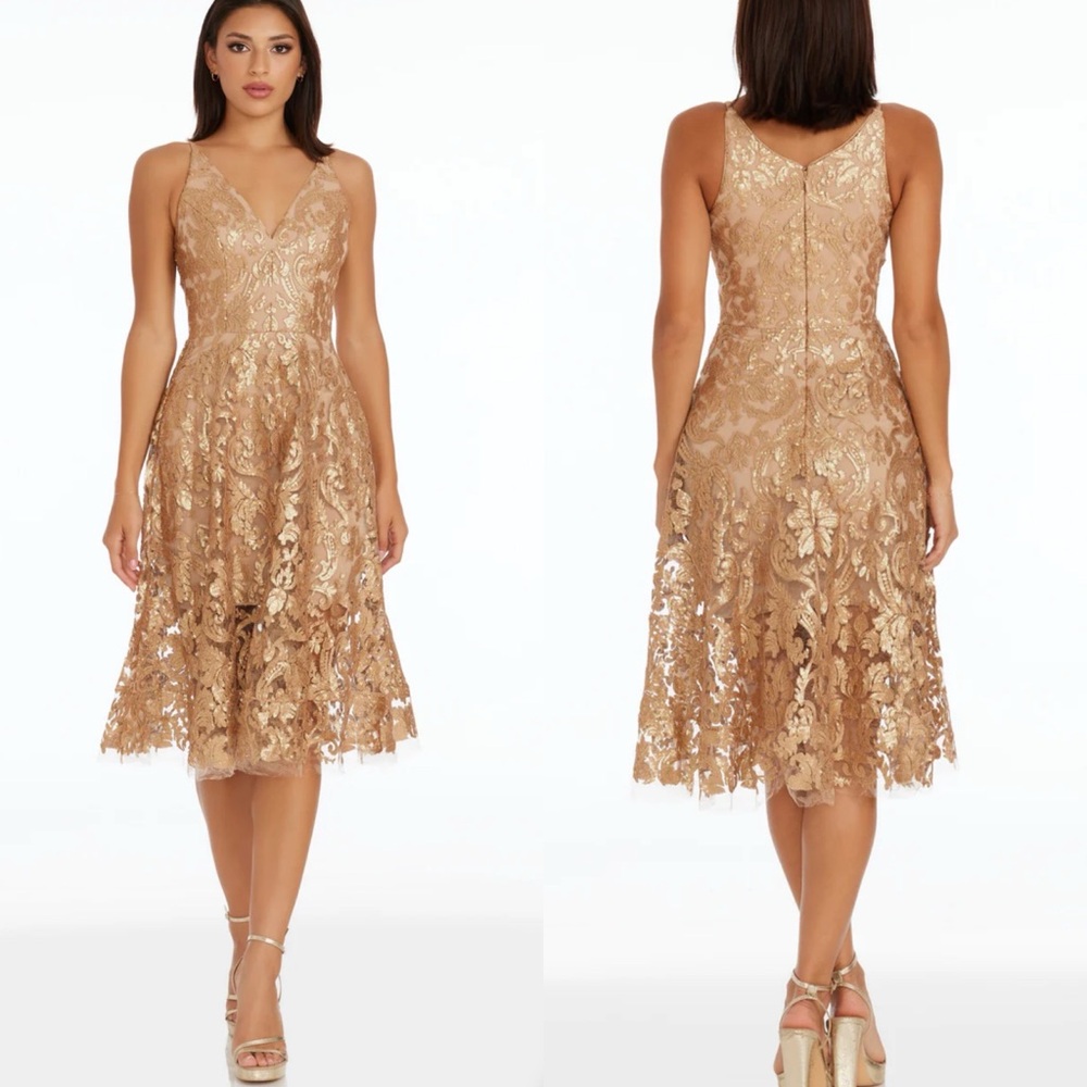 Dress the Population Blair Gold Nude Embellished Midi Dress Women’s Size XS NEW - Picture 2 of 13